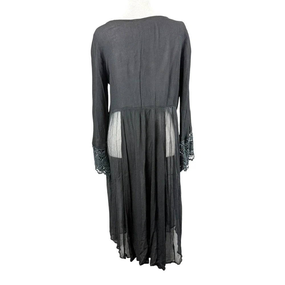 Free People Mini Dress Small Black Gold Embroidered Lace Bell Sleeve Boho Witchy